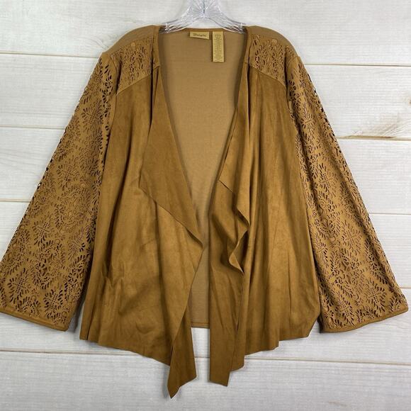 Wrangler Sweaters - Wrangler Cardigan Womens M Brown Faux Suede Open Front Cut Out Stretch Cowgirl